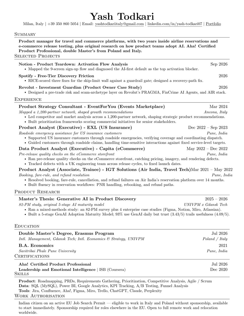 First page of Yash Todkari's resume
